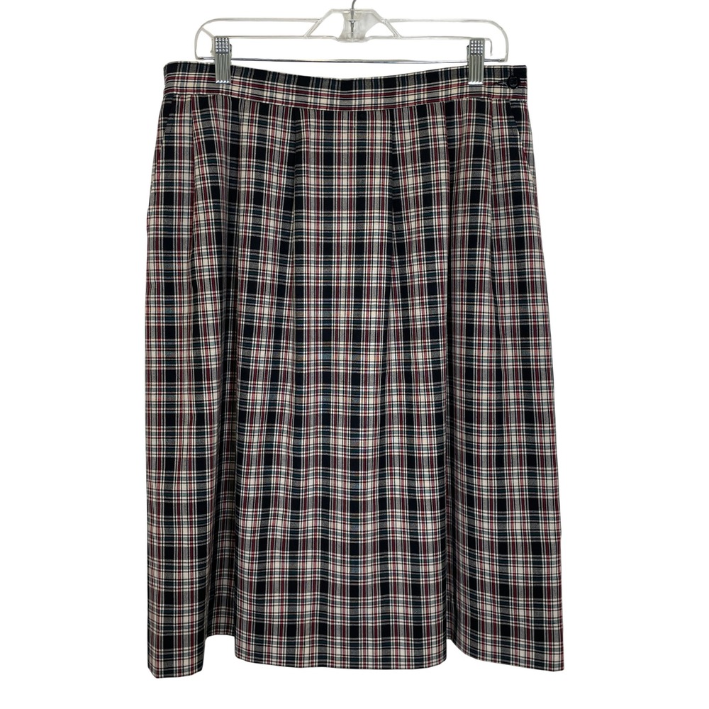 Pendleton Vintage Wool Plaid Midi Skirt Red Black Pleated Pockets Size 16